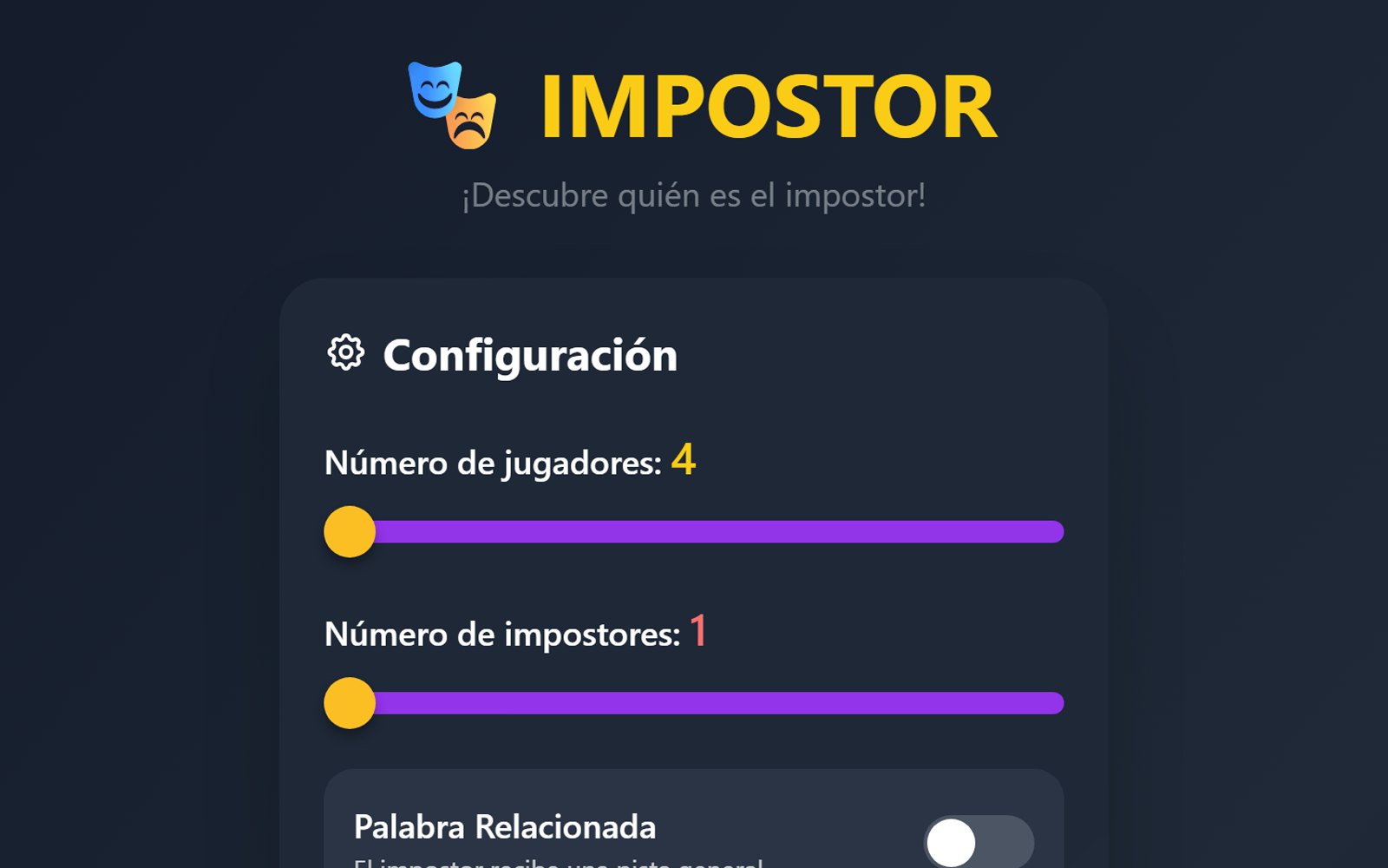 Pantalla de la PWA Impostor
